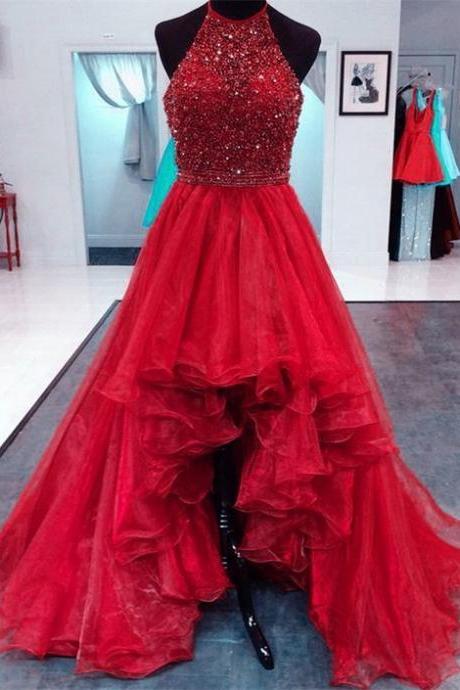 Red Beaded Halter Organza Ruffles High Low Prom Dresses M2588