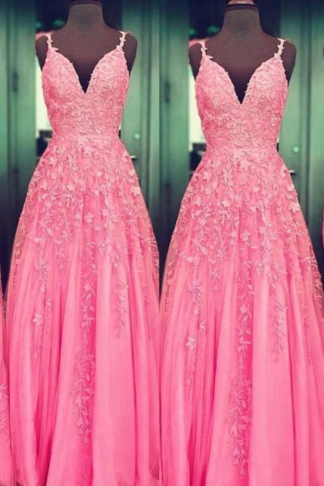 Pink Tulle Prom Long Dresses Lace V Neck Embroidery M2592