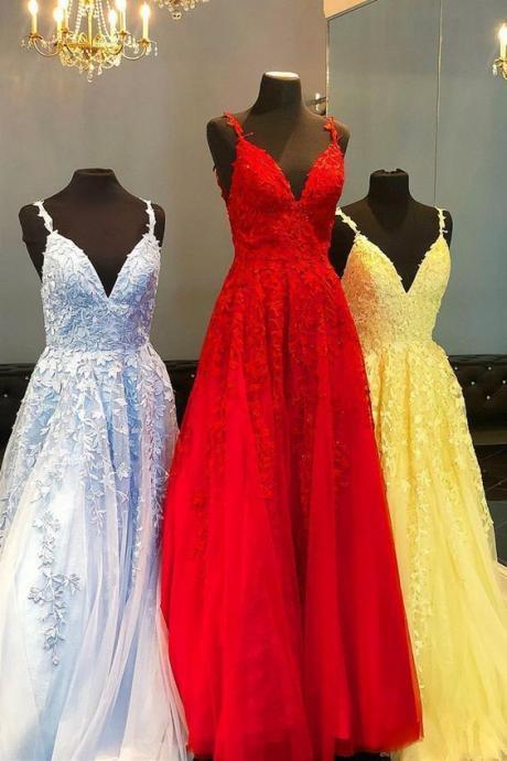 Light Sky Blue Long Prom Dresses, Formal Lace Prom Gowns, Chic A Line Evening Dresses M2601