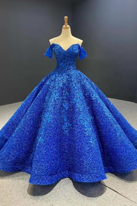 Royal Blue Ball Gown Sequins Appliques Off The Shoulder Prom Dress M2610