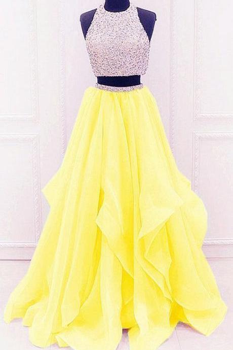 Prom Dresses Classy, 2 Pieces Long Yellow Simple Prom Dresses M2612
