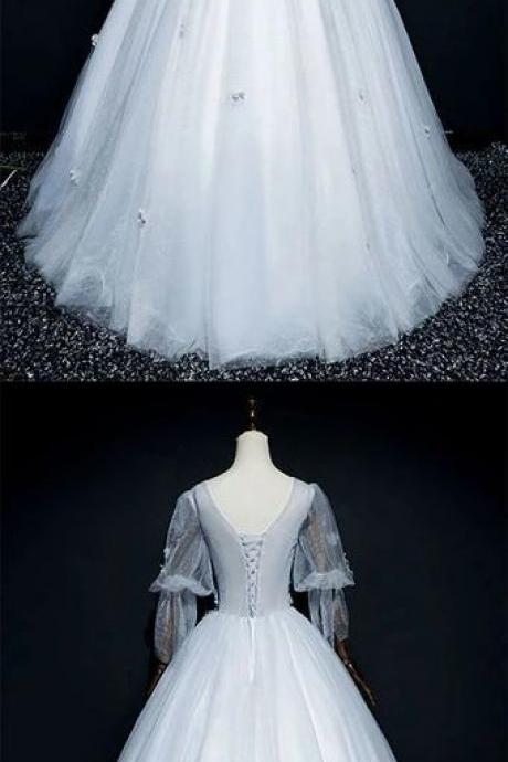 Gray V Neck Tulle Lace Long Prom Dress Gray Formal Dress M2614