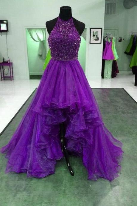 Purple Prom Dress,halter Prom Gown,organza Prom Dress,high/low Prom Gown M2620