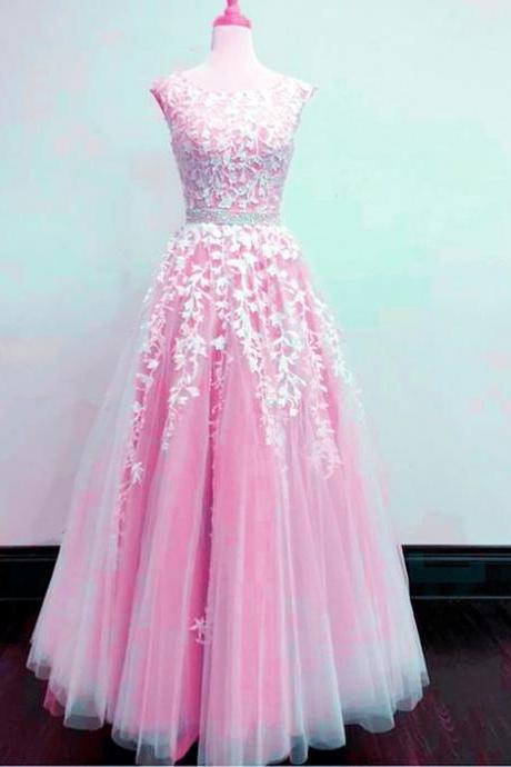 Modest Pink Tulle Prom Dresses Lace Emroidery Cap Sleeves Floor Length M2628