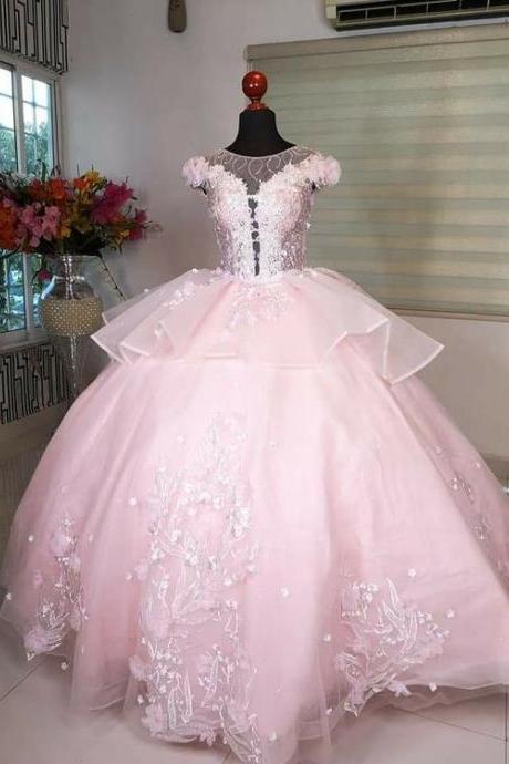 Modest Pink Tulle Prom Dresses Lace Emroidery Floor Length M2629