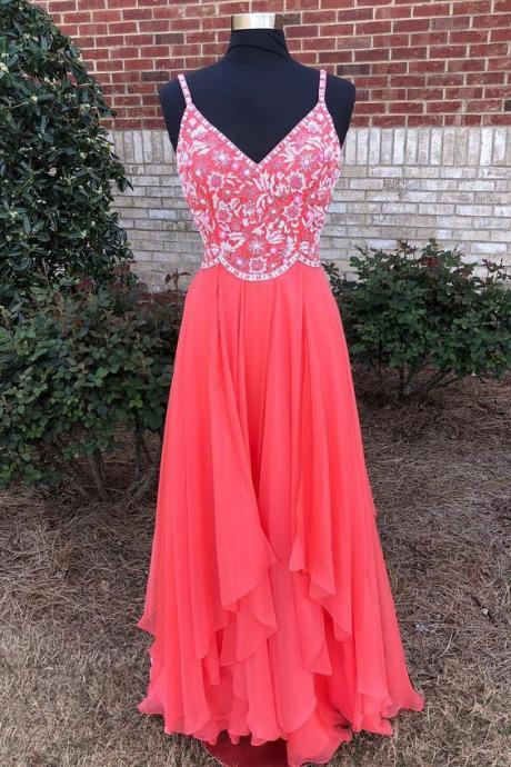 Sexy Spaghetti Straps A Line Prom Dress Embroidery Watermelon Tiered Long Prom Dresses M2630