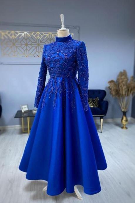 Modest Blue Prom Dresses Lace Emroidery Evening Dress M2636