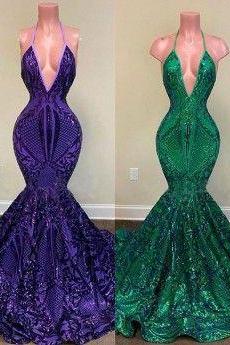 Purple/green Sequin Halter Plunge Mermaid Prom Dress M2645