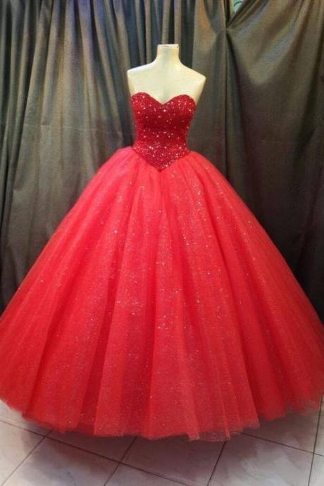 Sweetheart Red Tulle Prom Dress , Shiny Prom Dress M2656
