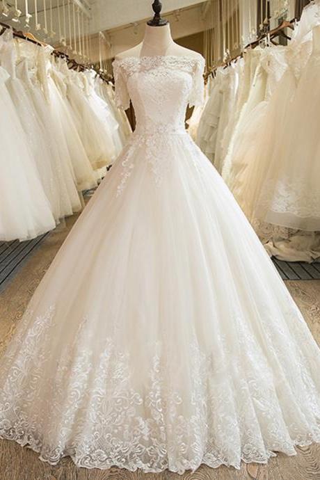 Long A Line Crystal Beading Tulle Wedding Dresses With Half Sleeve Bridal Dress Plus Size Wedding Gowns M2658