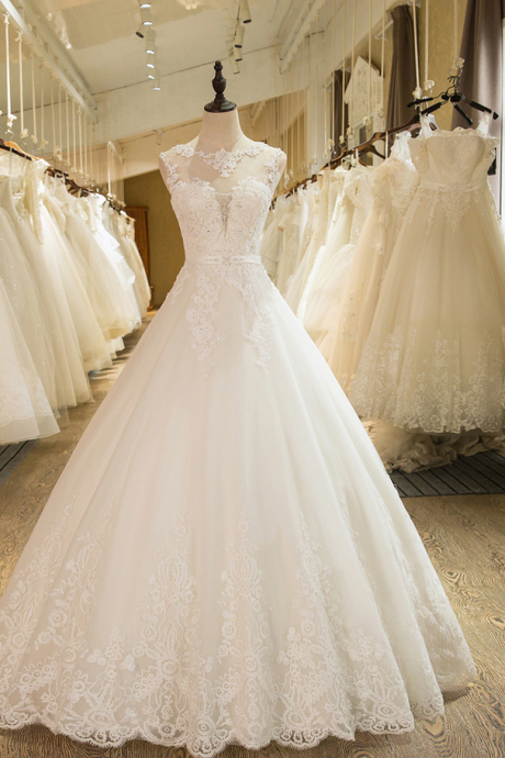 A-line Sleeveless Tulle Lace Appliques Wedding Dress M2659