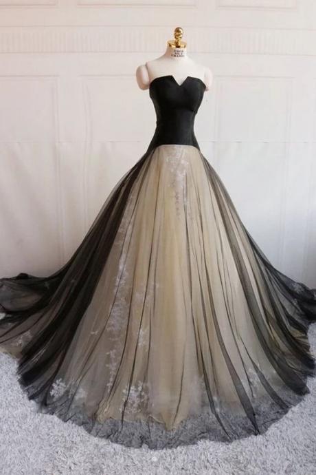 Black Tulle Strapless Long Customize Lace Up Prom Dress, Evening Dress M2668