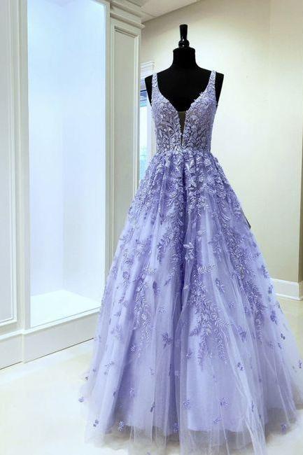 Lilac Lace V Neck Long Prom Dress Evening Dress M2669