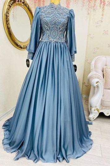Light Blue Muslim Prom Dress Crystals High Neck Long Puffy Sleeve M2670