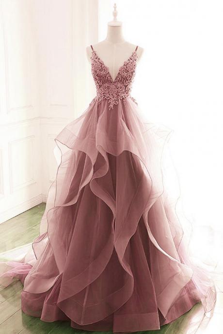 Pink Lace Long Prom Dress A Line Evening Dress M2673