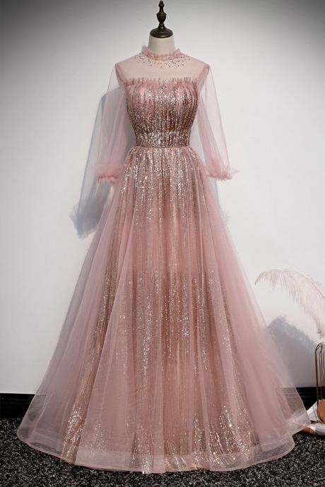 Pink Tulle Sequins Long Prom Dress A Line Evening Dress M2674