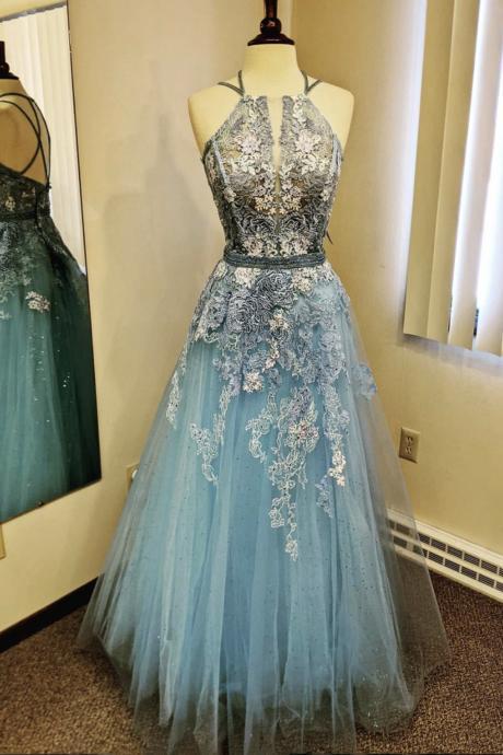 Blue Lace Long A Line Prom Dress Evening Dress M2675