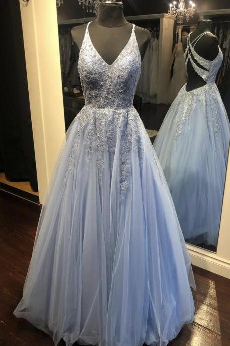 Blue Tulle Lace Long Prom Dress Blue Evening Dress M2680