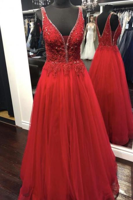 Red v neck tulle lace long prom dress red evening dress m2681