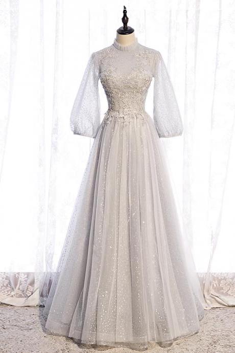 Gray Tulle Lace Long Prom Dress Long Sleeve Evening Dress M2682