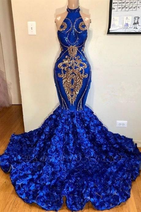 Royal Blue Prom Dresses, Halter Prom Dresses, Lace Prom Dresses, Beaded Prom Dresses M2690