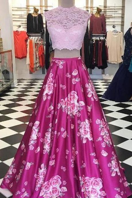Modern Two Piece A-line Prom Dress - Round Neck Sleeveless Floor-length Lace Floral M2692