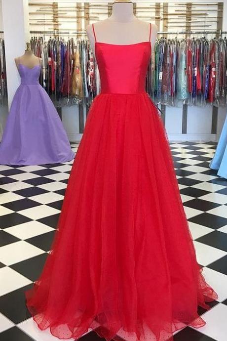 Red Pleated Simple Spaghetti Straps Prom Dress With Tulle Skirt M2697