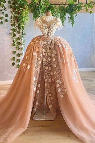 Prom Dresses Champagne High Neck Hand Made Flowers Lace Applique Flowers Long Evening Gowns M2698