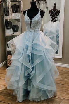 A-line Blue Lace Appliqued Long Formal Dress Prom Dress M2699