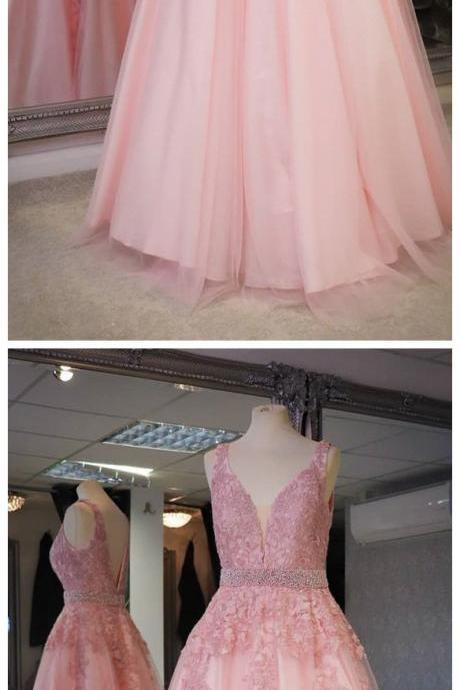 Formal Pink Lace Long Dresses, Pink Long Prom Dresses, A Line Graduation Party Gowns M2704
