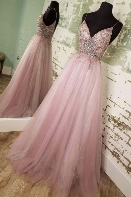 Beaded A-line Blush Tulle Long Prom Dress With Spaghetti Straps M2710