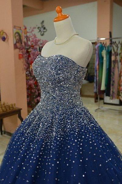 Prom Dress,modest Prom Dress,sparkly Beaded Sweetheart Navy Blue Ball Gowns Prom Dresses M2718