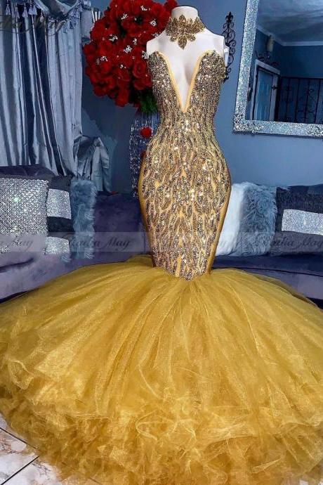 Yellow Prom Dresses, Mermaid Evening Dresses, Crystal Prom Dresses, Deep V Neck Formal Dresses M2723