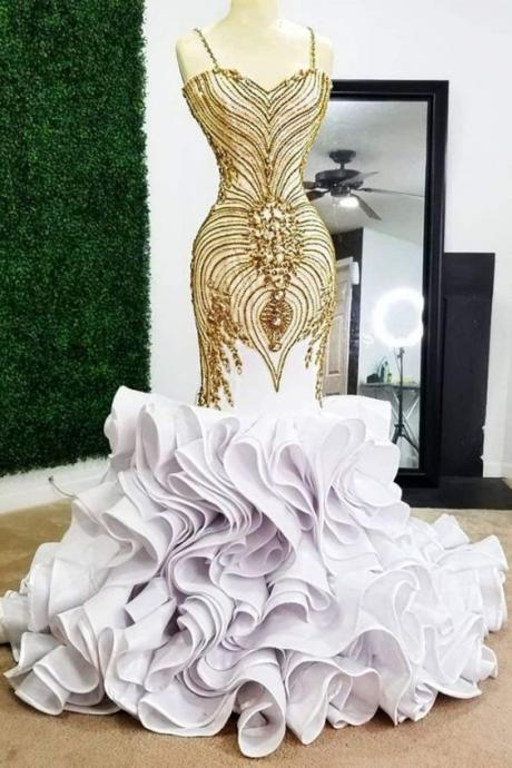 White Mermaid Gold Beading Plus Size Prom Dresses M2724