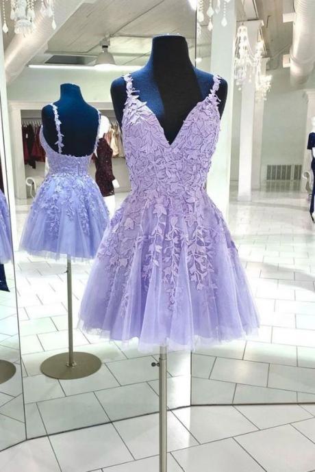 Purple V Neck Tulle Lace Short Prom Dress Lace Cocktail Dress m2728