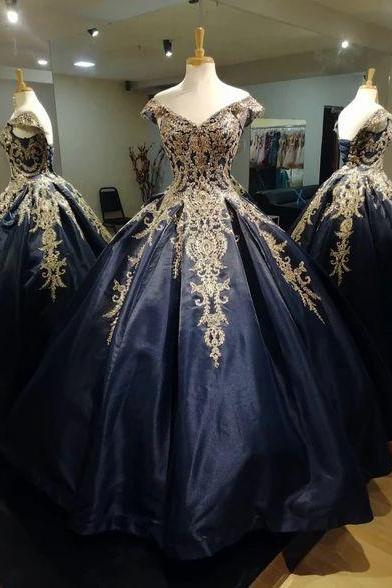 Off The Shoulder Navy And Gold Lace Appliqued Ball Gown Prom Dresses M2730