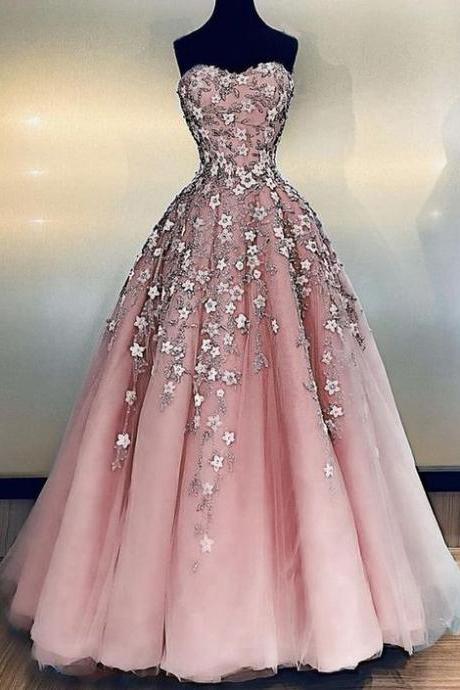 Ball Gown Sweetheart Pink Tulle Lace Appliques Prom Dresses,formal Sweet 16 Party Dresses M2734