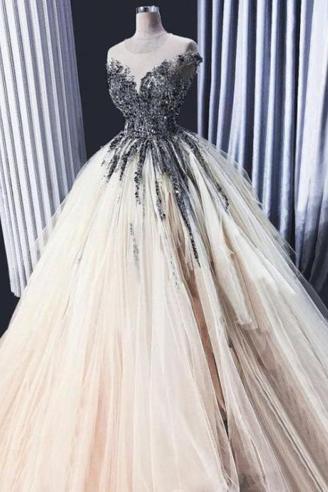Light Champagne Sheer Neck Tulle Prom Dress With Beading, Puffy Floor Length Sequined Party Dress M2740