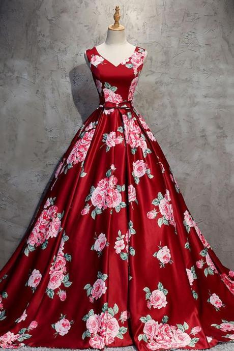 Burgundy V Neck Satin Long Prom Dress, Burgundy Evening Dress M2756