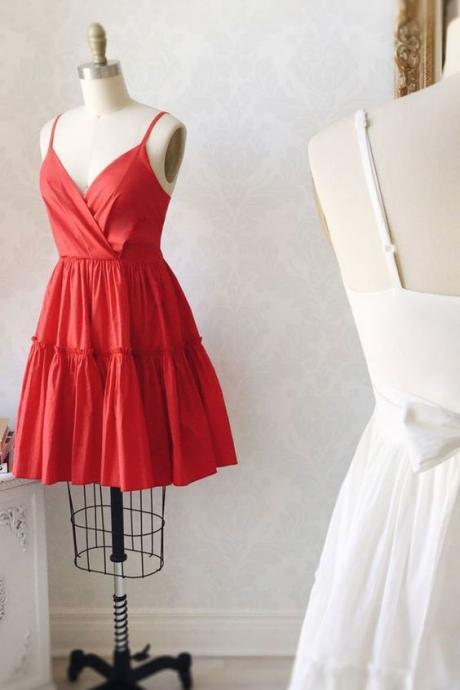 Simple satin red short prom dress red cocktail dress m2759