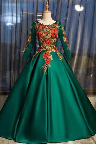 Dark Green Satin Long Ball Gown Sweet 16 Dress, Green Prom Dress M2773