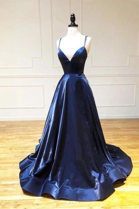 Simple A Line Spaghetti Straps Navy Blue Long Prom/evening Dresses M2774