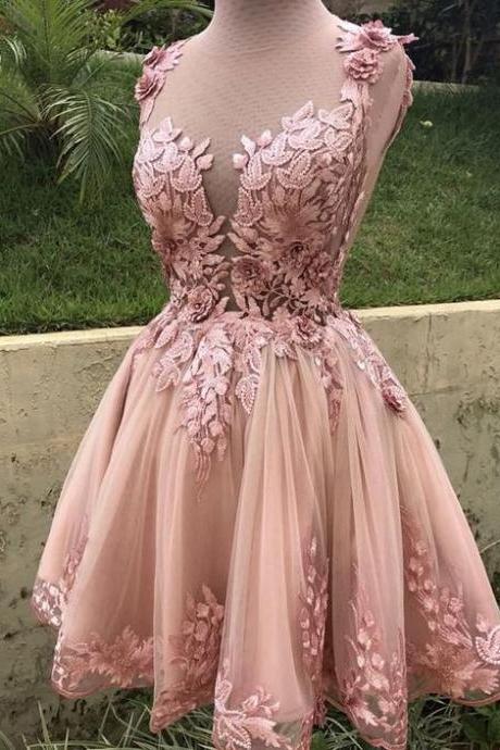 Illusion Neckline Pink Homecoming Dresses with Beaded Lace Embroidery, Floral Prom Dresses Short, Engagement Party Dresses m2784
