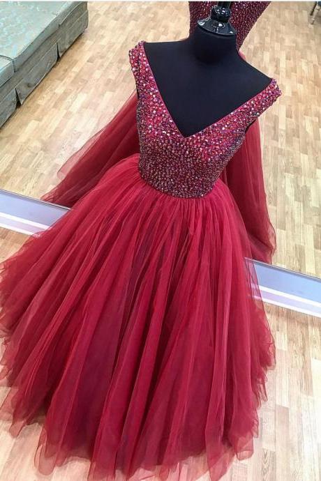 Luxury Beaded V-neck Bugundy A Line Long Prom Dresses Custom Made Quinceanera Party Gowns , Prom Gowns M2791