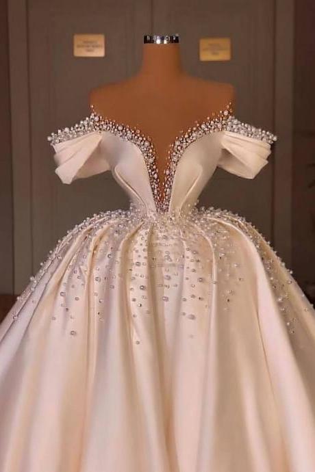 Off The Shoulder Prom Dresses, Beaded Prom Dresses, White Prom Dress, Luxury Prom Dresses, Prom Ball Gown M2793