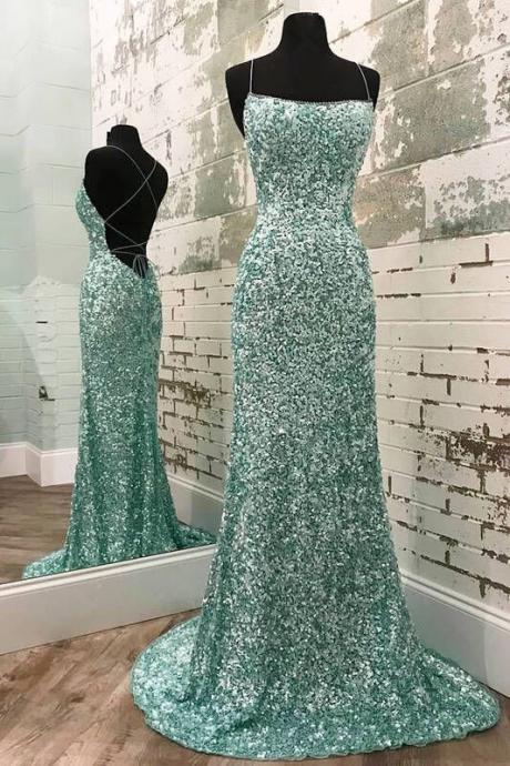 Sparkle Mermaid Scoop Neck Cross Back Mint Sequin Long Prom Dresses m2801