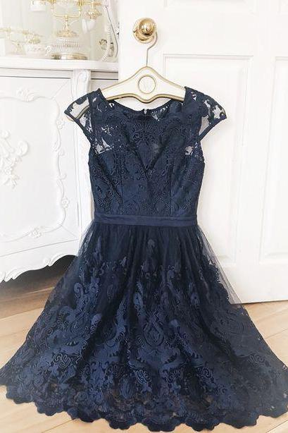Blue lace short prom dress homecoming dress m2802