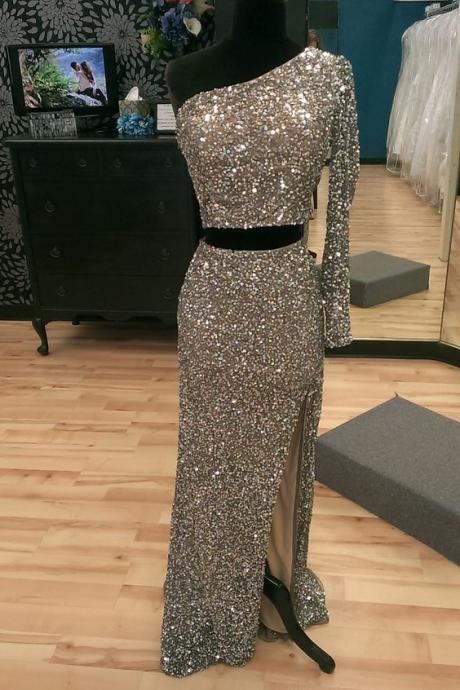Prom Dresses Sexy Mermaid Bling Sparkle Luxury One Shoulder Side Slit Sequins Lace Formal Party Gowns M2804