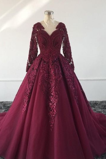 Burgundy Prom Dress With Train , Lace Prom Dress M2805
