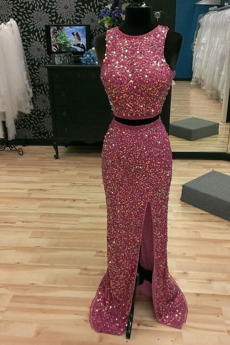 Custom Charming Two Pieces Prom Dress,full Sequins Evening Dress,sexy Slit Prom Dress M2809
